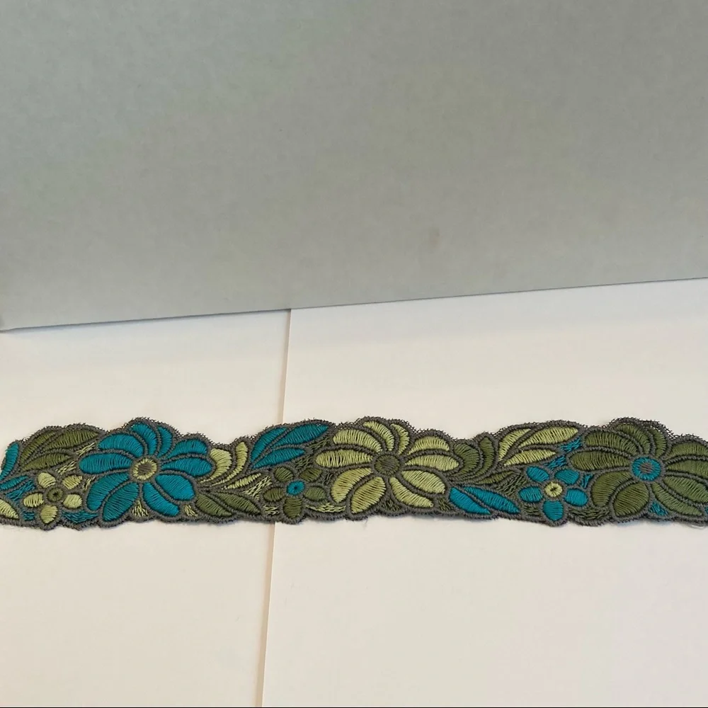 Blue Green Floral Flower Trim Embroidery 2